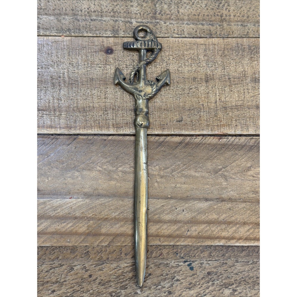 Solid Brass Nautical Themed Letter Opener with Anchor & Twisted Rope Handle Vtg